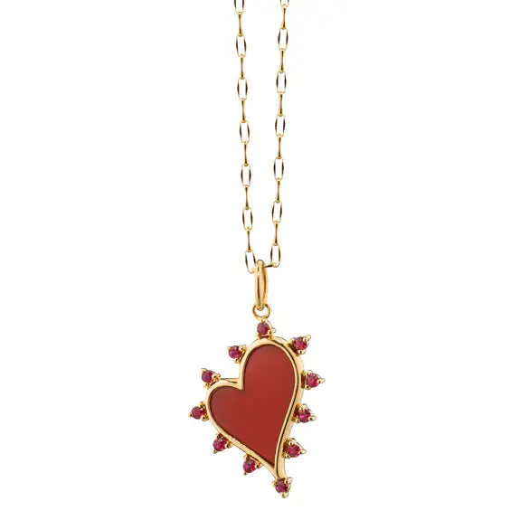Monica Rich Kosann Red Carnelian + Ruby Heart Necklace | 17in 18k