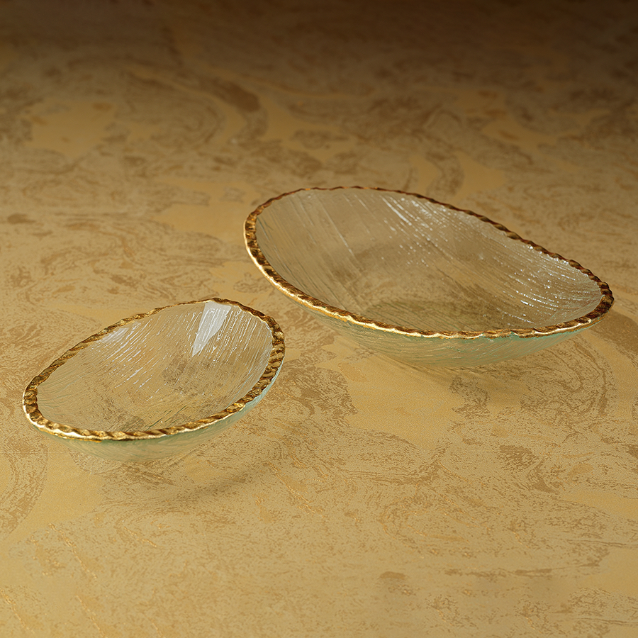 Textured Organic Glass Bowl | Clear + Gold Rim 11.5x9.5in