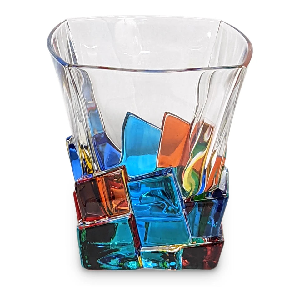 Murano Italian Crystal Whiskey DOF Glass | Cracked Ice Rainbow