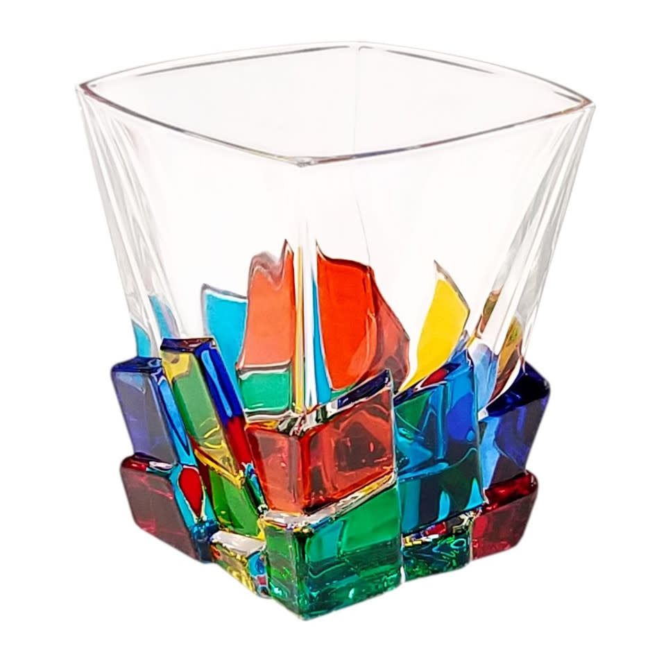 Murano Italian Crystal Whiskey DOF Glass | Cracked Ice Rainbow