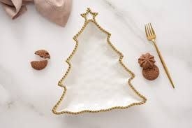 Porcelain + Gold Titanium Christmas Tree Platter | 11x9.5in