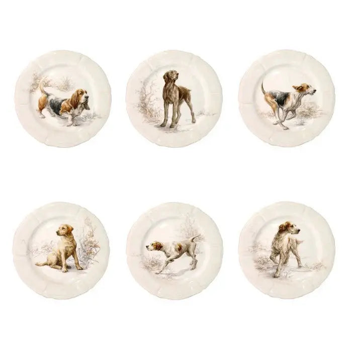 Gien Sologne Game Dogs Dessert Plates Set of 6 | 9.25in