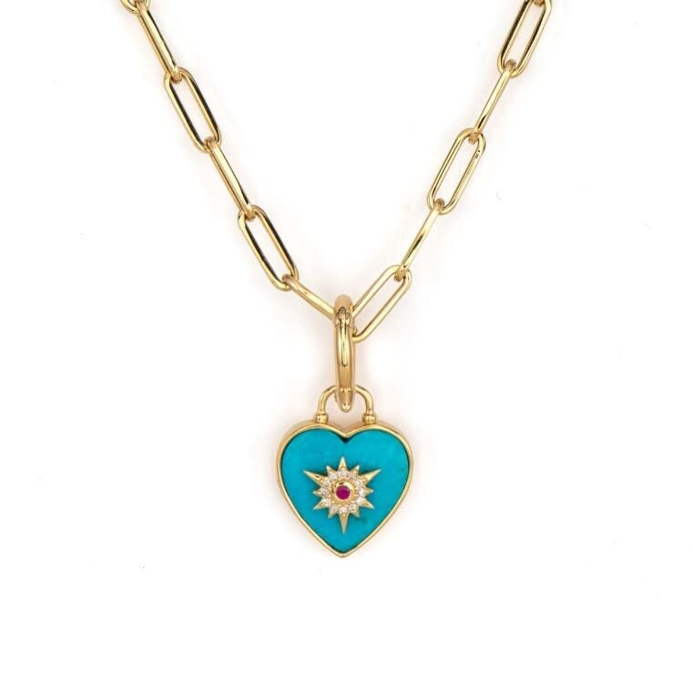 Turquoise + Ruby Diamond Heart Earring Charm or Pendant | .04c GSI 14k