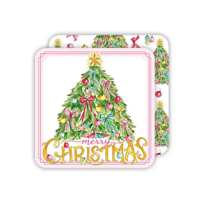 Square Coasters Merry Christmas Tree Bows + Ornaments | Set of 20