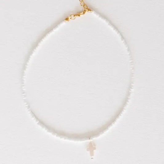 Ellie Pearl Cross White Beaded Necklace| 14in + 2in Ext