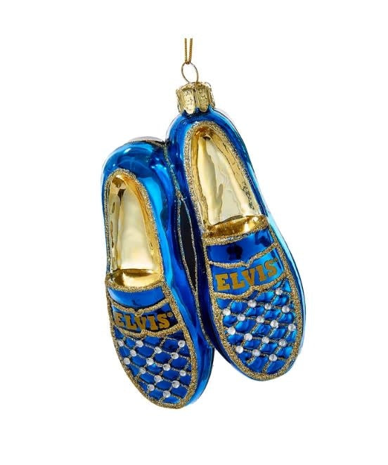 Elvis Blue Suede Shoes Glass Ornament