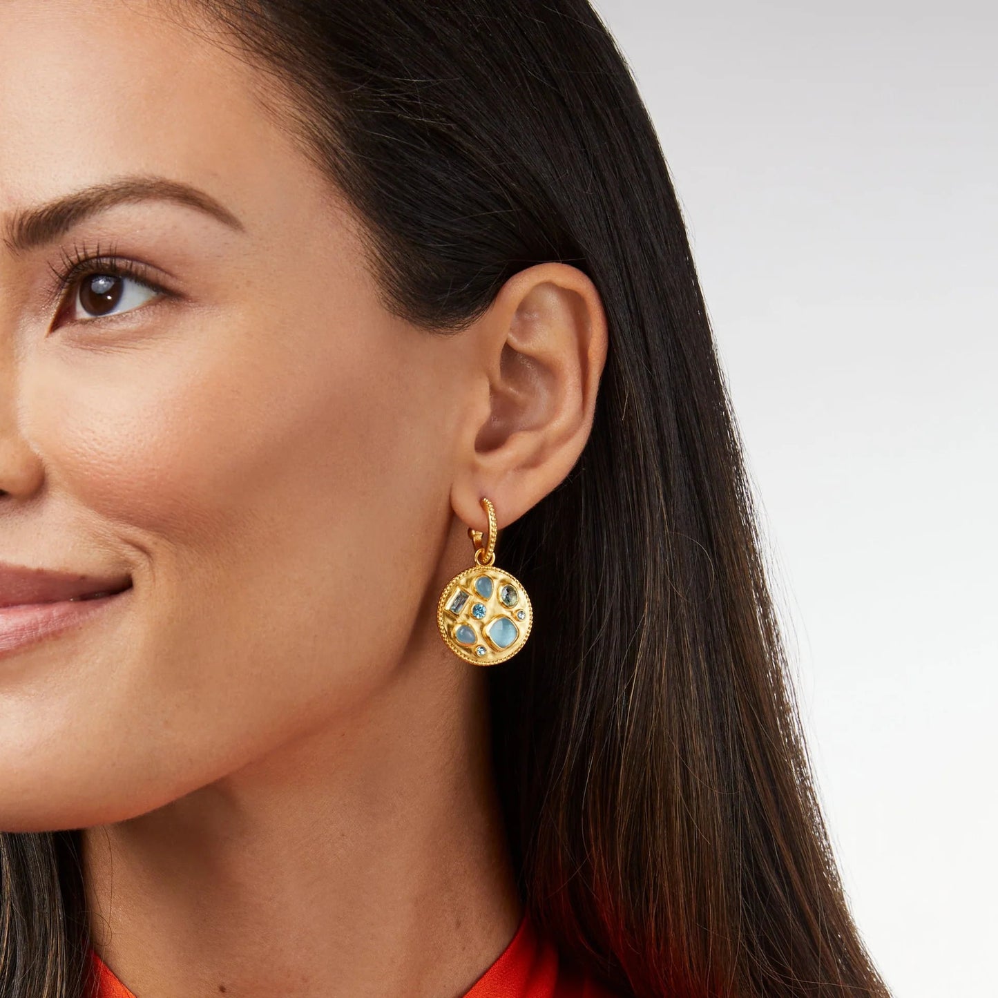 Antonia Mosaic Gold Hoop + Charm Earrings | Iridescent Bahamian Blue