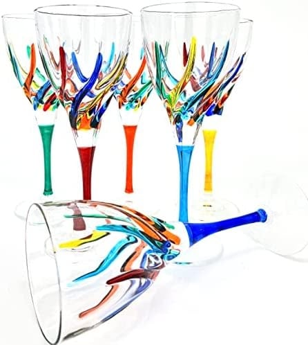 Murano Italian Crystal Wine Glass | Swirls Rainbow Turquoise 8.75oz