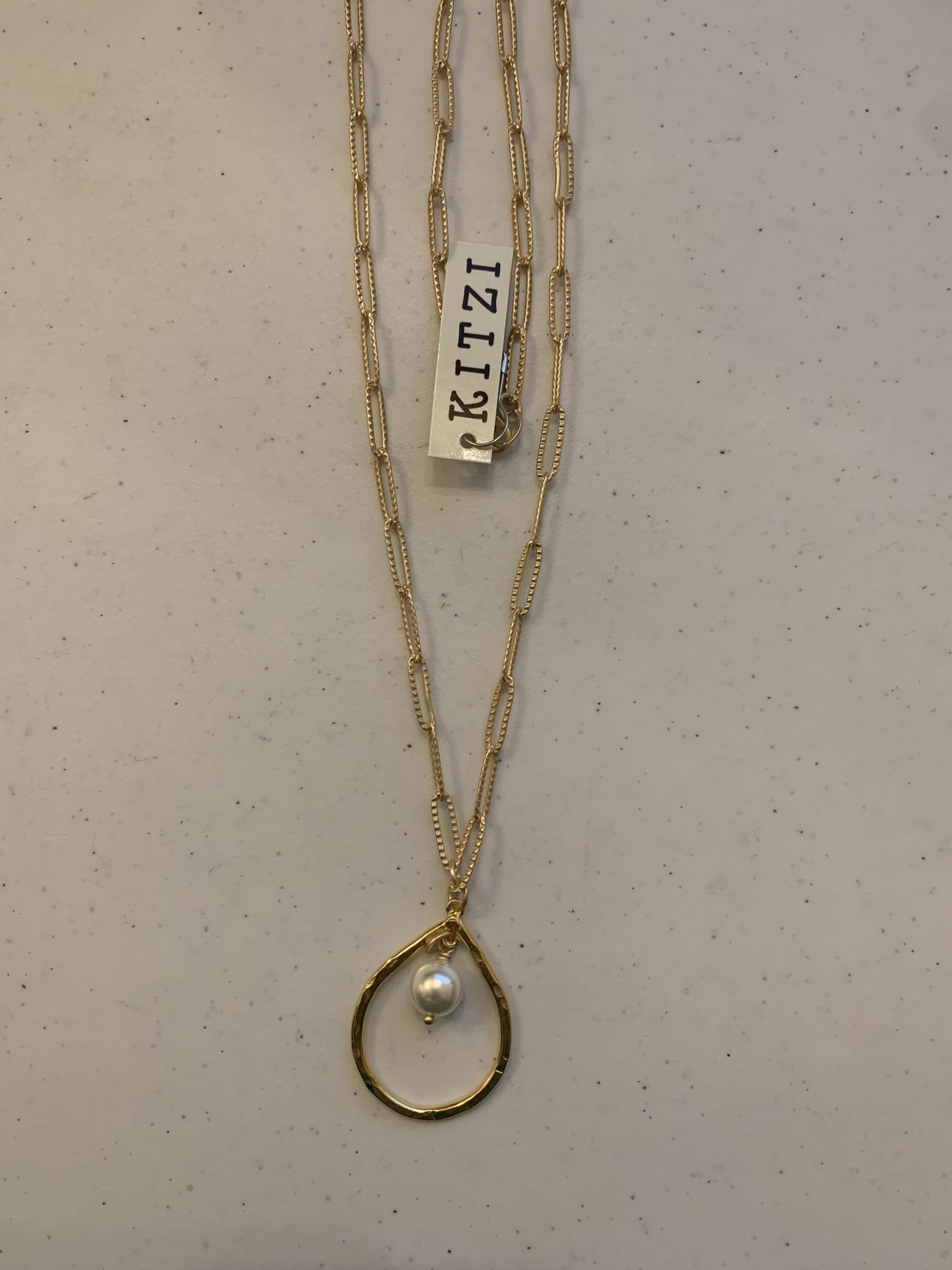 Kitzi 30" Teardrop w/ Pearl on Textured Paperclip Chain Necklace