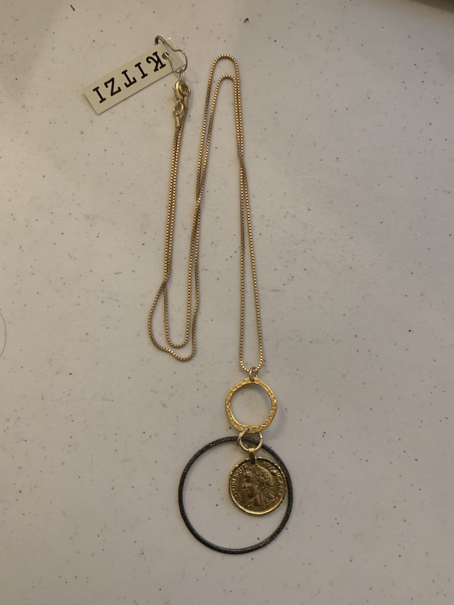 Kitzi Gold Coin in Rhodium Circle on Small Box Chain Necklace