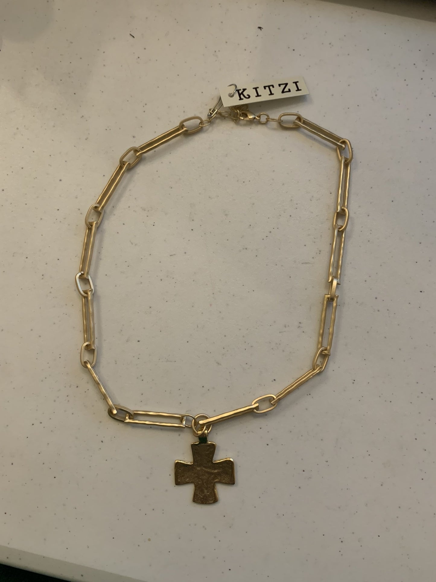 Kitzi Square Gold Cross on Textured Gold Chain Link Necklace