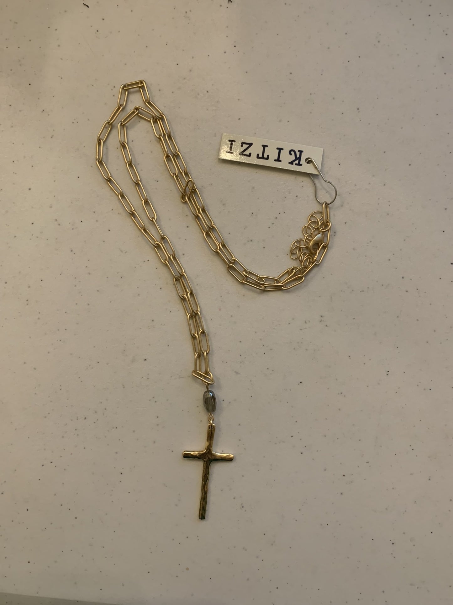 Kitzi Textured Cross w/ Jewel on Gold Paperclip Chain Necklace