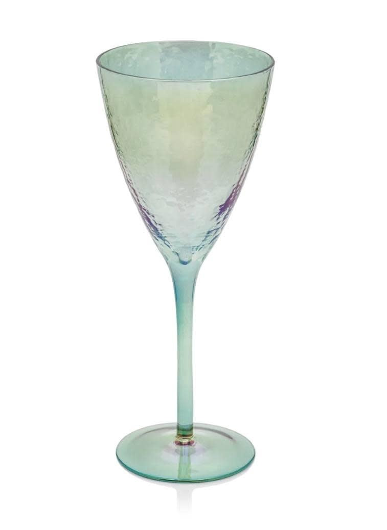 Hammered Stemmed Wine Glass | Green Luster 15oz