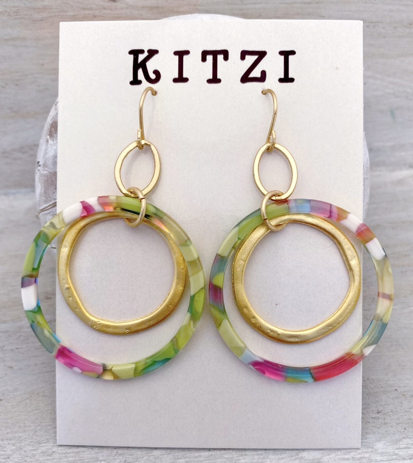 Kitzi Acrylic Pastel Confetti & Gold Double Open Circle Hook Earrings