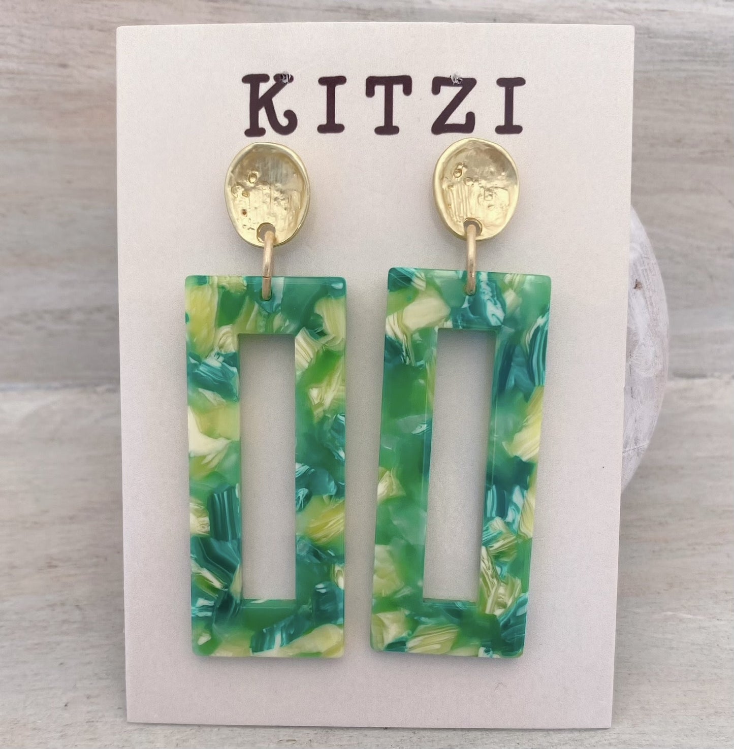 Kitzi Acrylic Rectangle Green Confetti Earrings