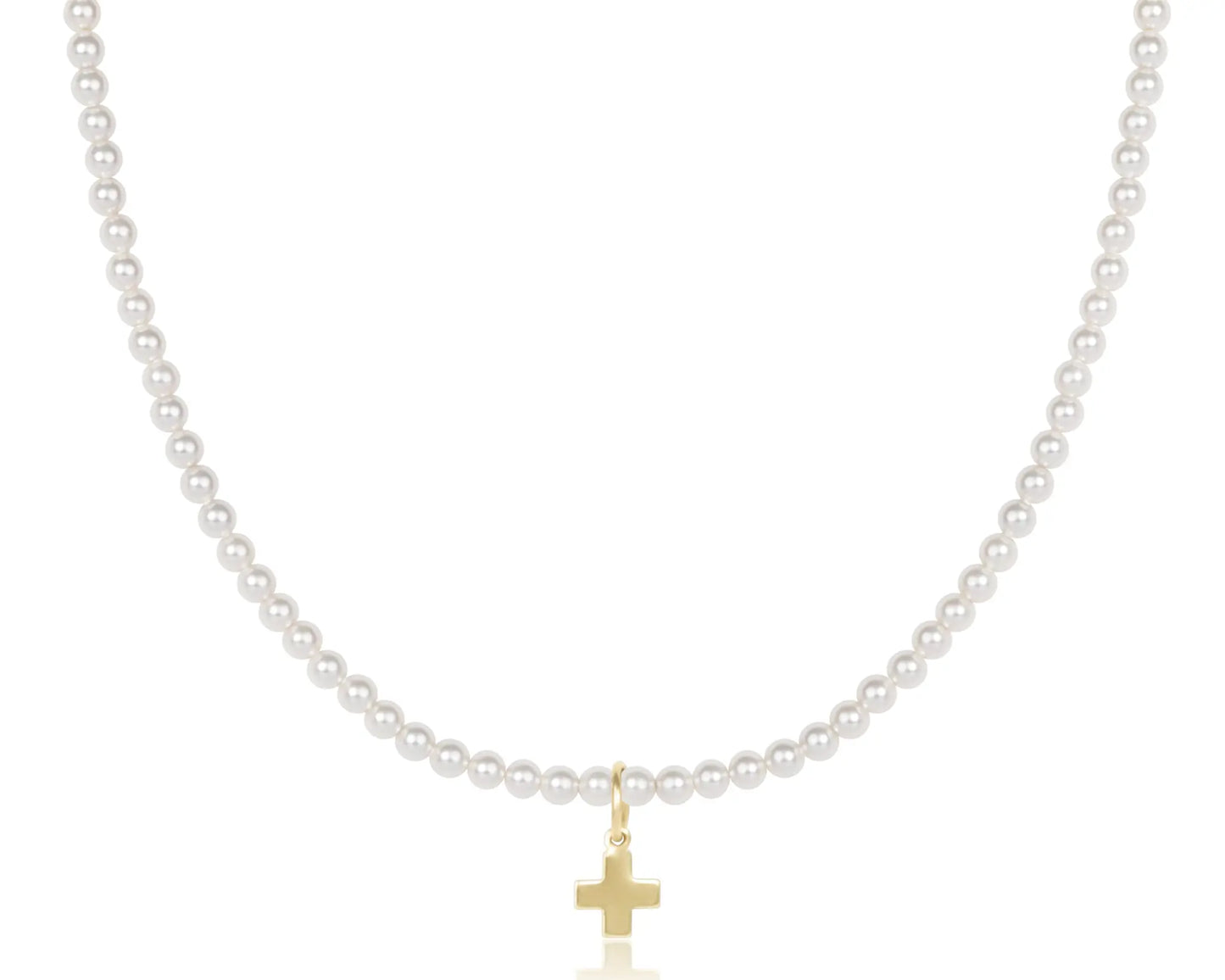 eNewton Classic Pearl 3mm Bead Signature Cross Gold Charm Choker Necklace| 15in