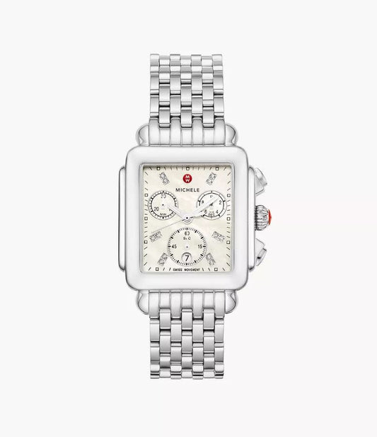 Michele Deco Stainless Watch | White Mop Diamond Dial