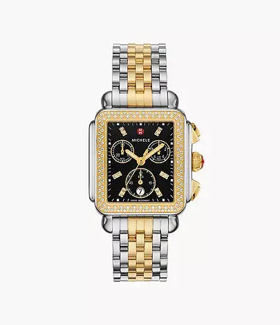 Michele Deco Two Tone Black Dial Diamond Watch | .65c 18kgp 35mm