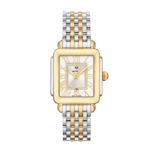 Michele Deco Madison Mid Two-Tone 18K Gold Dial Watch | Silver White Sunray Diamond Dial