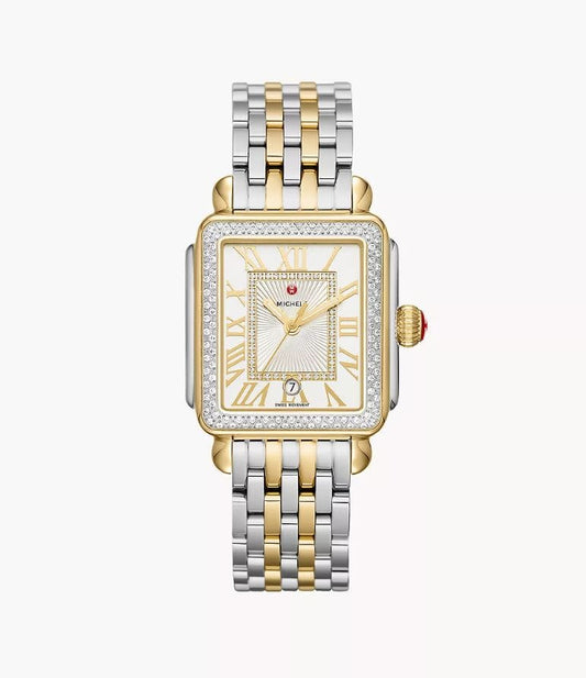 Michele Deco Madison Diamond Two-Tone Watch | Silver White Sunray Diamond Dial