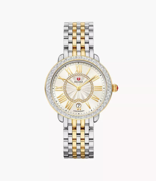 Michele Serein Mid Diamond Two-Tone Watch | Silver White Sunray Diamond Dial