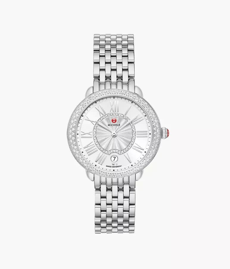 Michele Serein Mid Diamond Stainless Watch | Silver White Sunray Diamond Dial