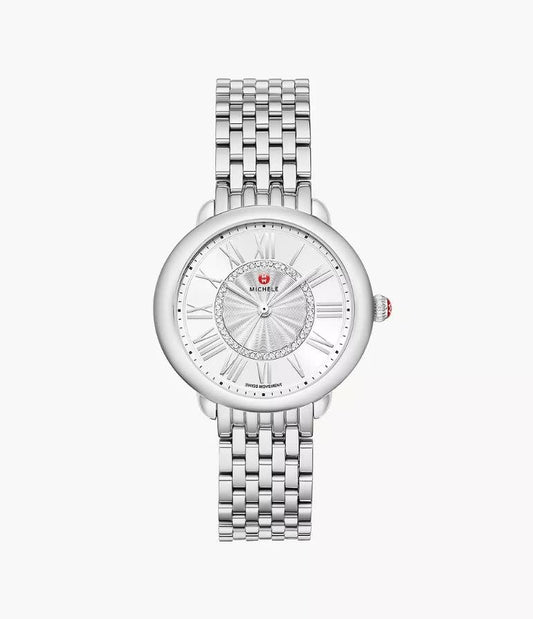 Michele Serein Mid Stainless Watch | Silver White Sunray Diamond Dial