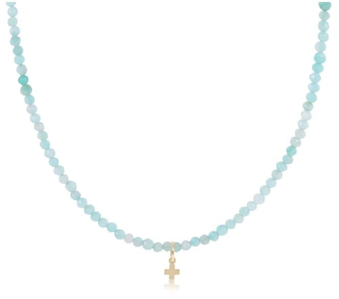 Gemstone 3mm Signature Cross Small Gold 15" Choker Necklace - Amazonite