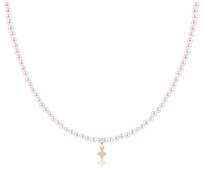 Choker Gemstone 3mm Pearl Signature Cross Small Gold Charm 15 in