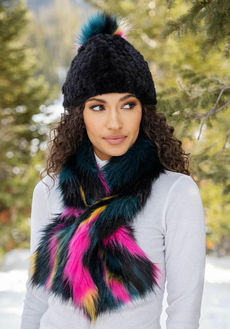 Knitted Fur Pom Hat | Neon