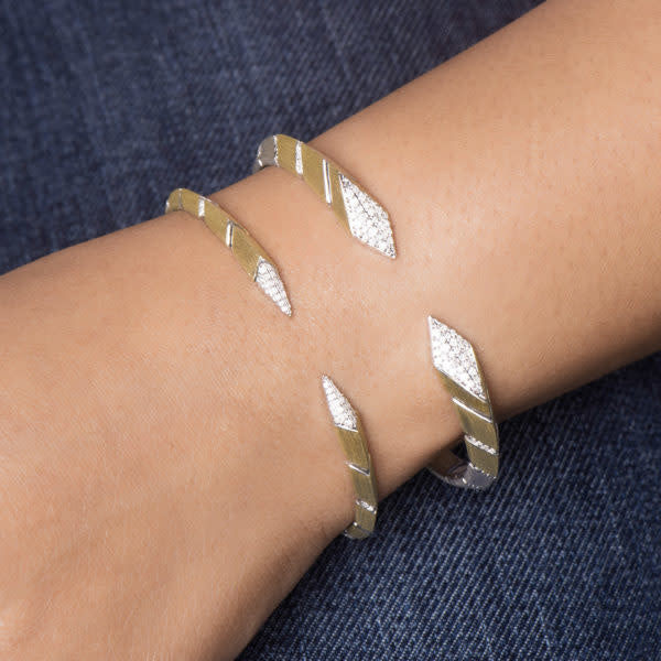 Narrow Mixed Metal Open Raised Pyramid Pave Bangle