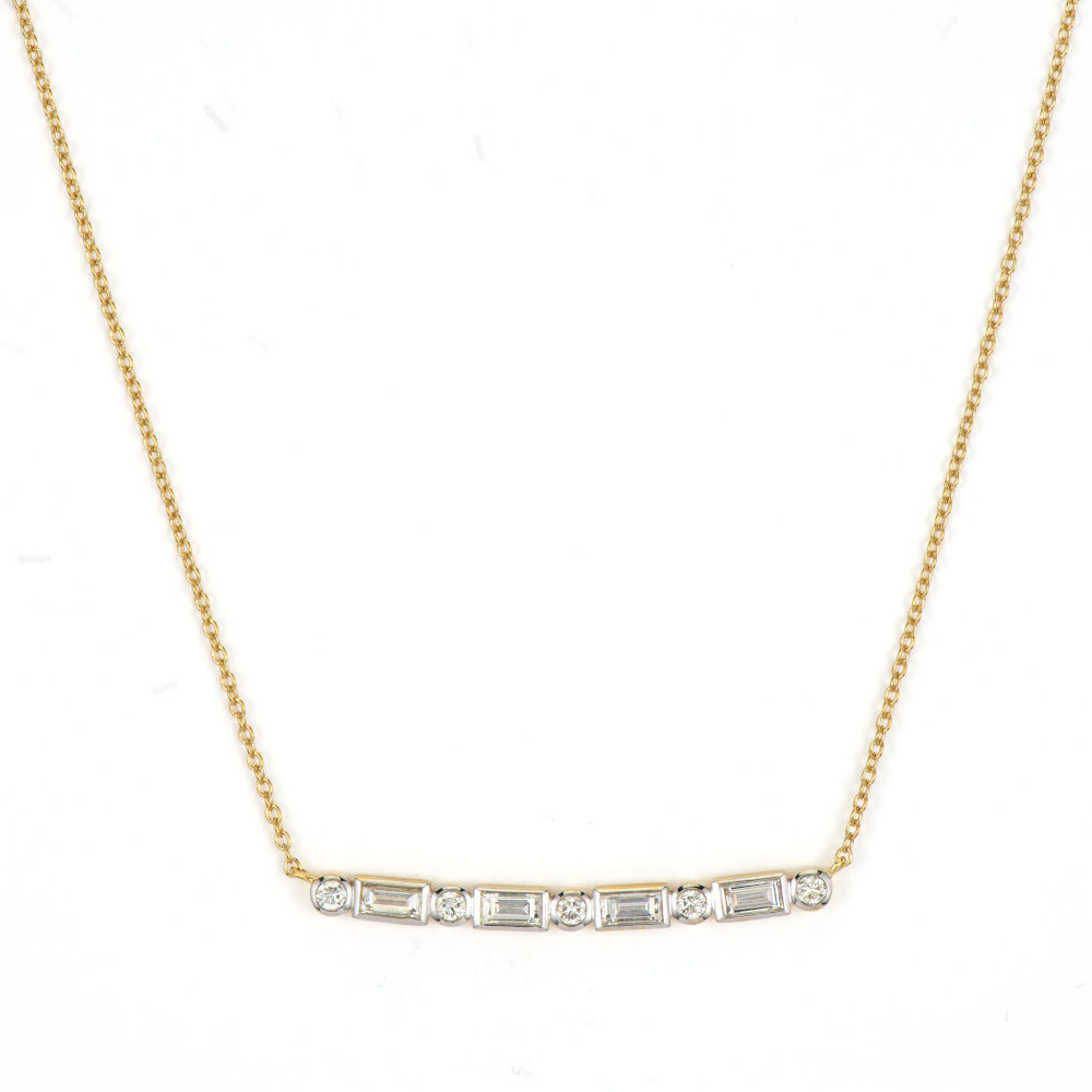 Lisse Diamond Baguette + Bezel Set Bar Necklace | 16in + 2in 18k Yellow Gold .56c