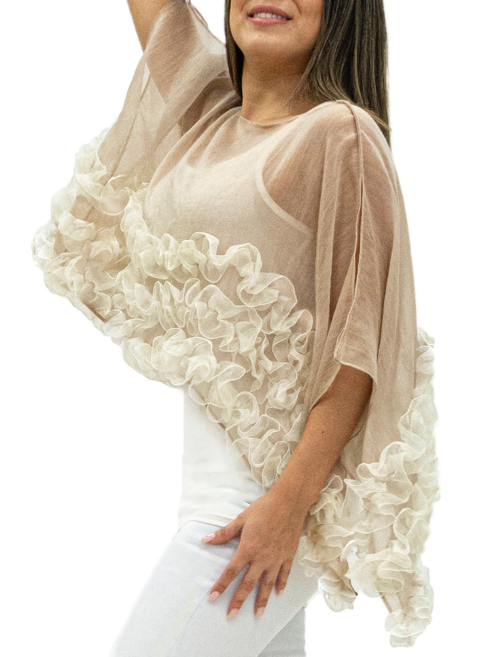 Silk Ruffle Short Poncho | Beige + Cream