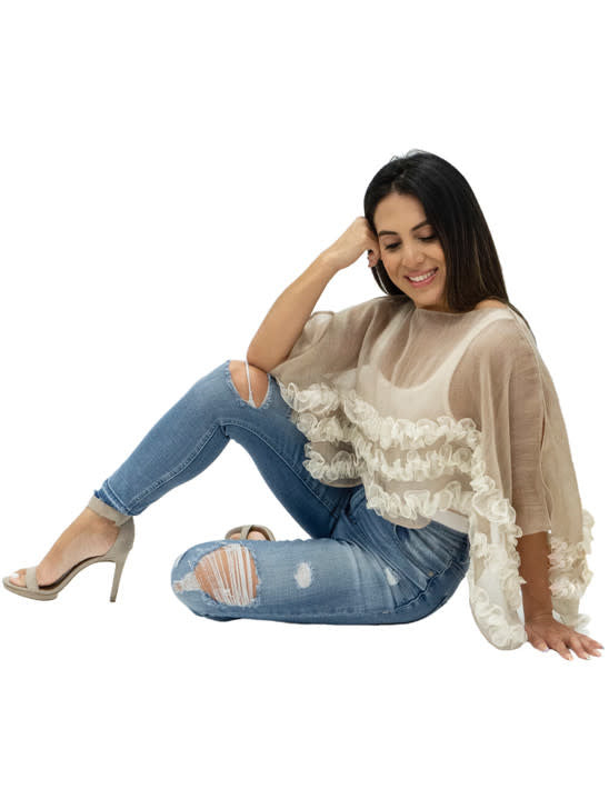 Silk Ruffle Short Poncho | Beige + Cream