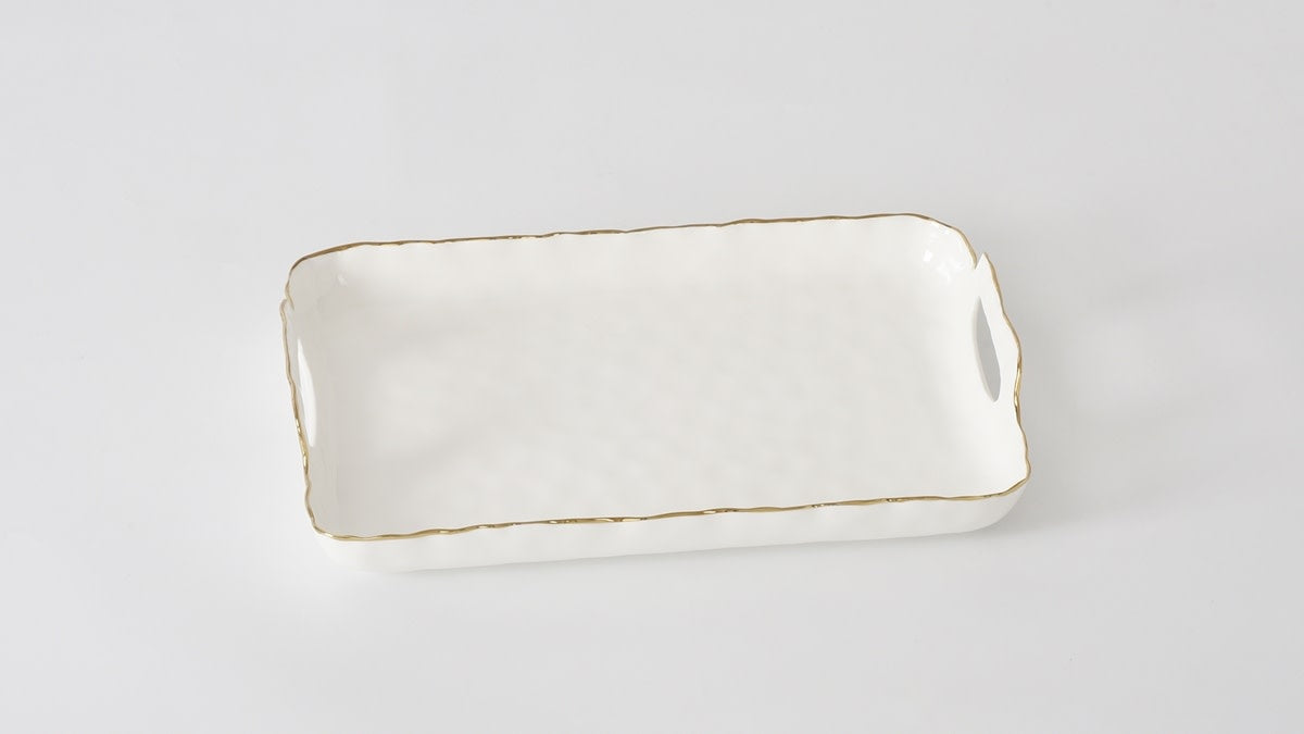 Porcelain + Gold Titanium Rectangular Handled Tray | 16x11x3in