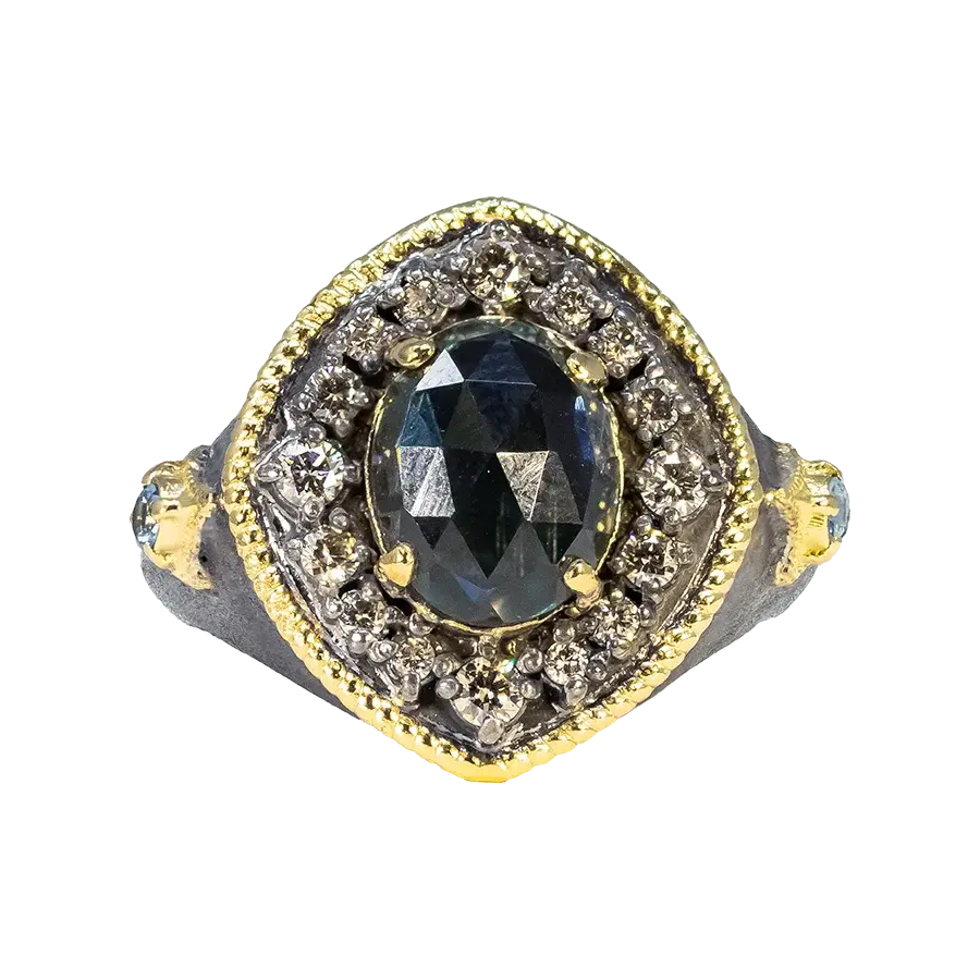 Armenta Milgrain Oval London Blue Topaz + Champagne Diamond Ring | S7 .305c 9x7mm LBT 18k