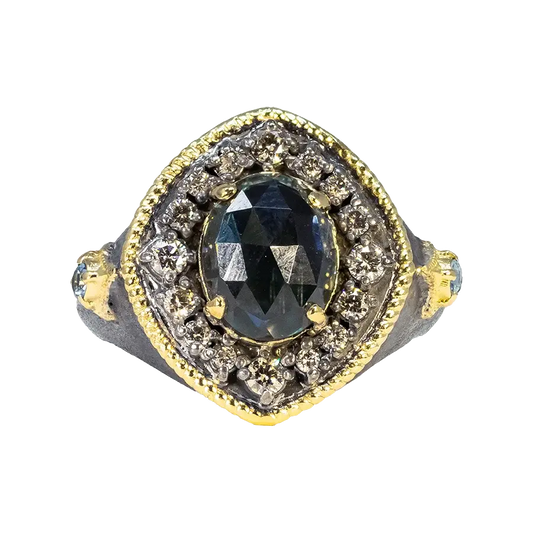 Armenta Milgrain Oval London Blue Topaz + Champagne Diamond Ring | S7 .305c 9x7mm LBT 18k