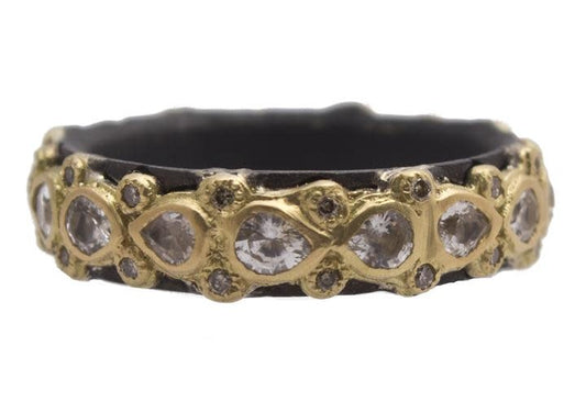 White Sapphire + Champagne Diamond Blackened Sterling Silver + 18k Yellow Gold Stack Ring | S6.5