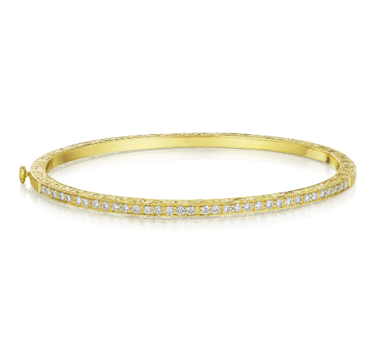 Engraved Yellow Gold Bangle With Diamonds