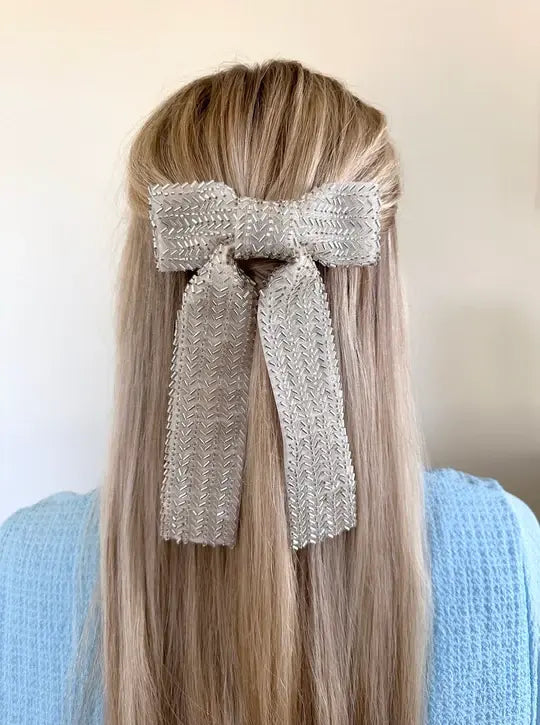 Silver Beaded Hair Bow Barette