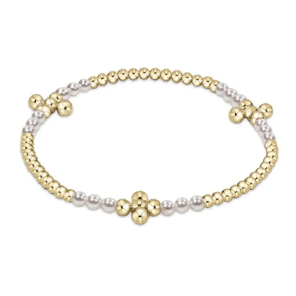 Signature Cross Bliss Pattern Pearl + Gold Bead Bracelet | 2.5mm
