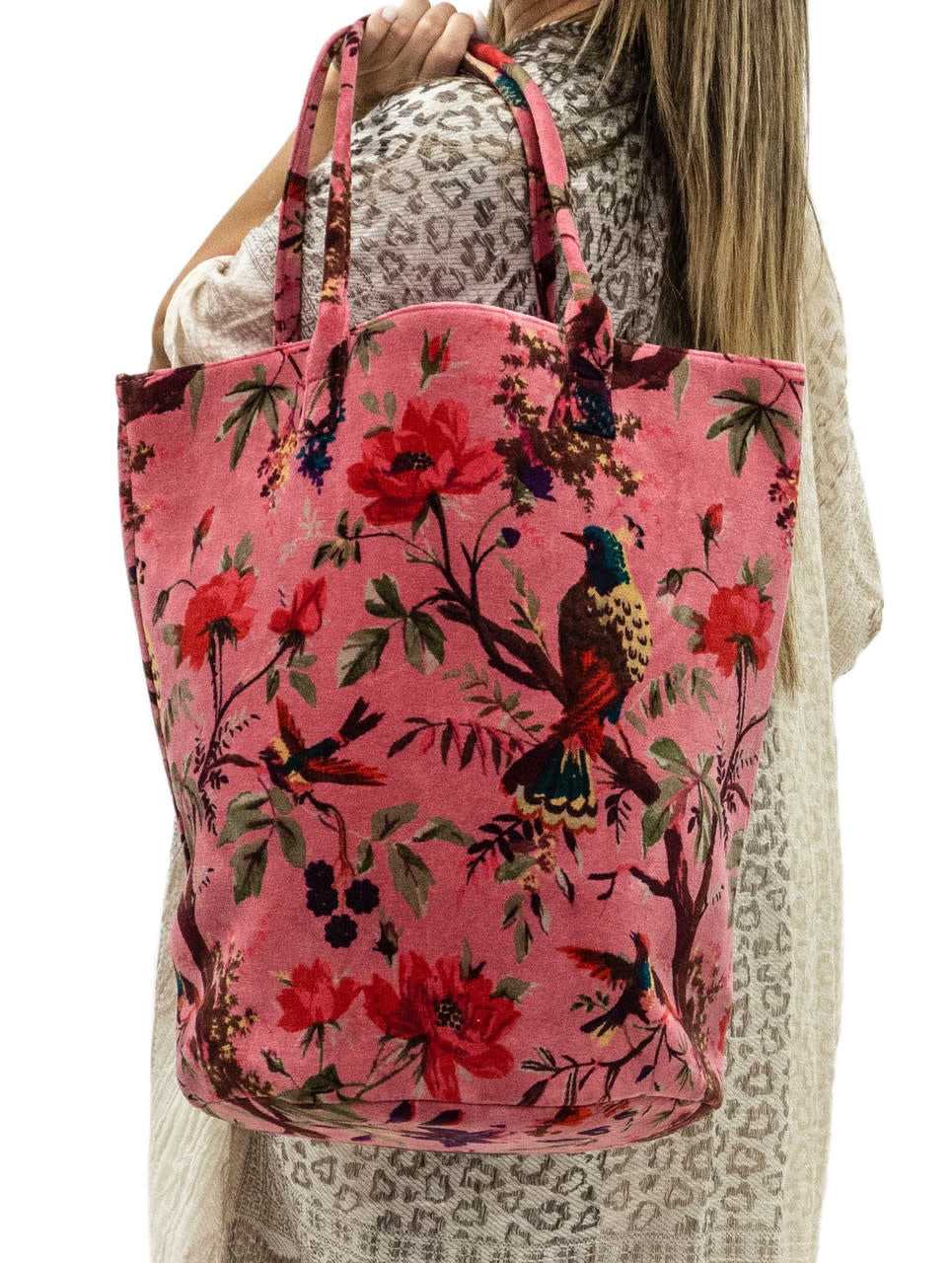 Velvet Vintage Bird Trapezoid Bag | Rose 12x16in