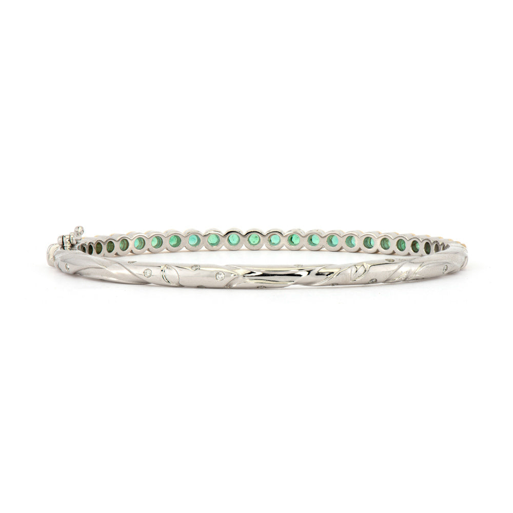 Emerald + Diamond Bezel Set Bangle Bracelet | 1.25c + .14c 14k + 925