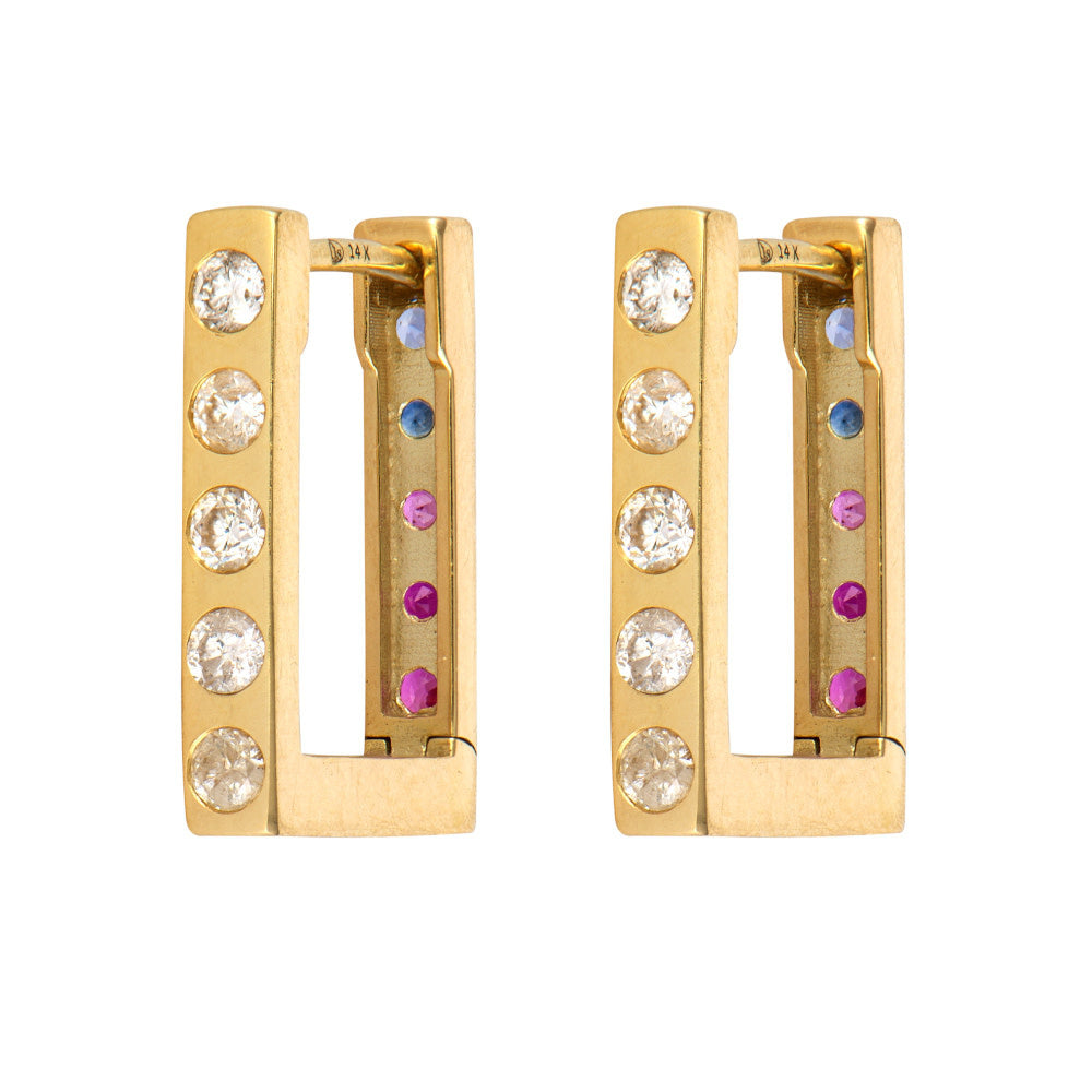 SINGLE | Diamond + Mixed Sapphire Reversible Rectangular Hoop Earring | .13c GSI 14k