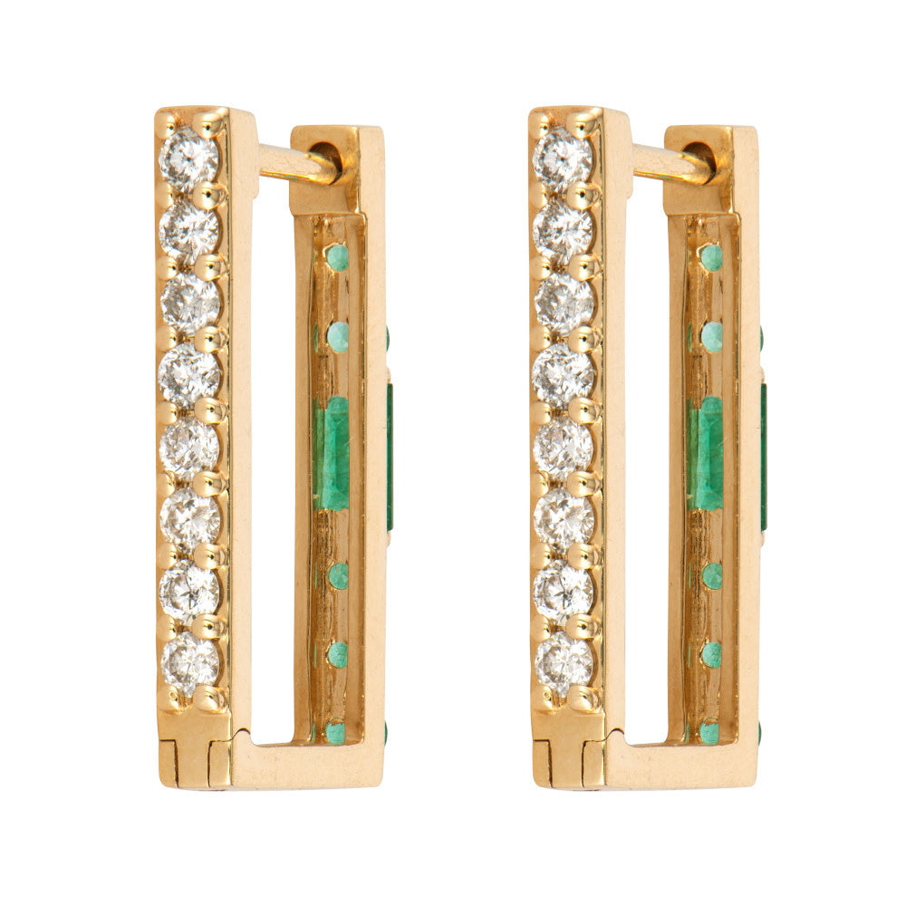SINGLE | Emerald + Diamond Reversible Rectangular Hoop Earring | .2c GSI + .63c 14k