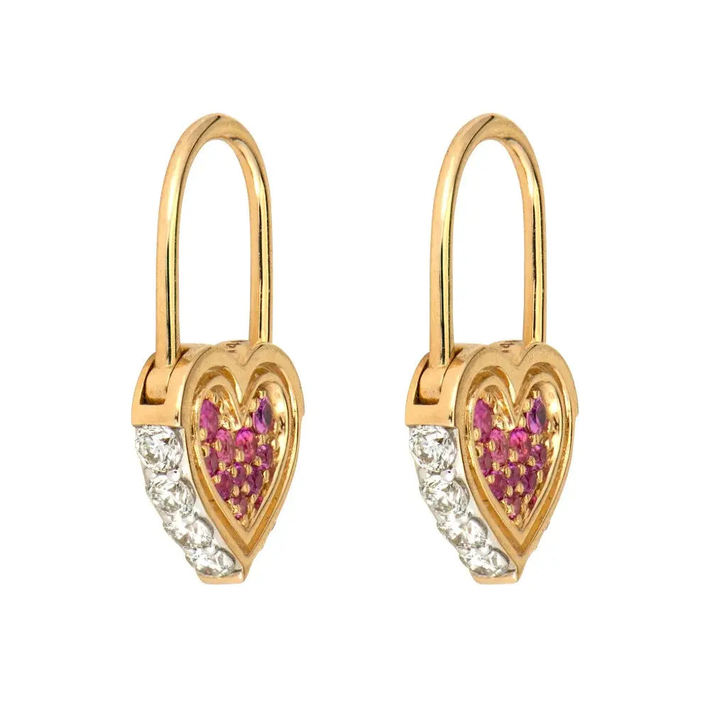 SINGLE | Pink Sapphire + Diamond Heart Lock Hoop Earring Charm | .14c + .27c 14k
