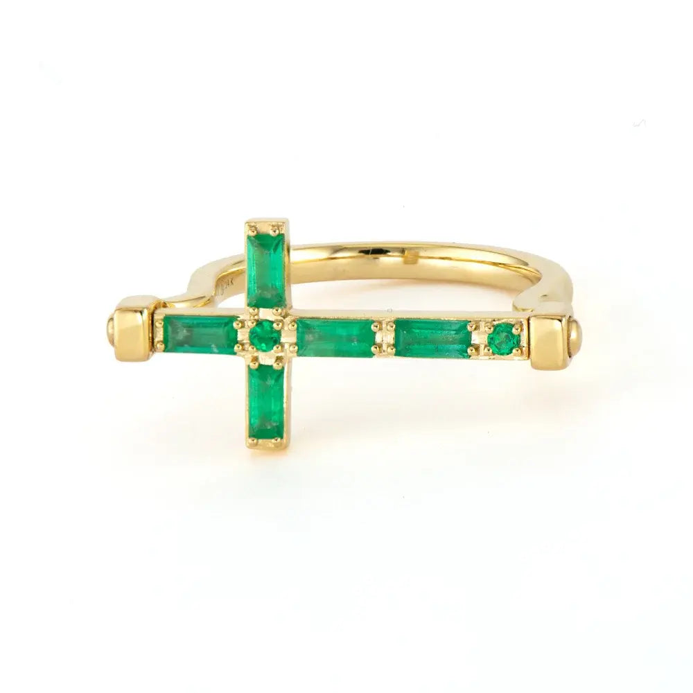 Emerald Baguette + Diamond Double Sided Cross Flip Ring | .26c GSI S7 14k