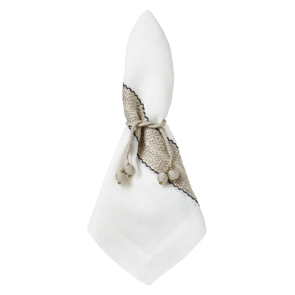 Linen Blend Napkins Set of 4 | White with Natural + Black Trim 20x20in