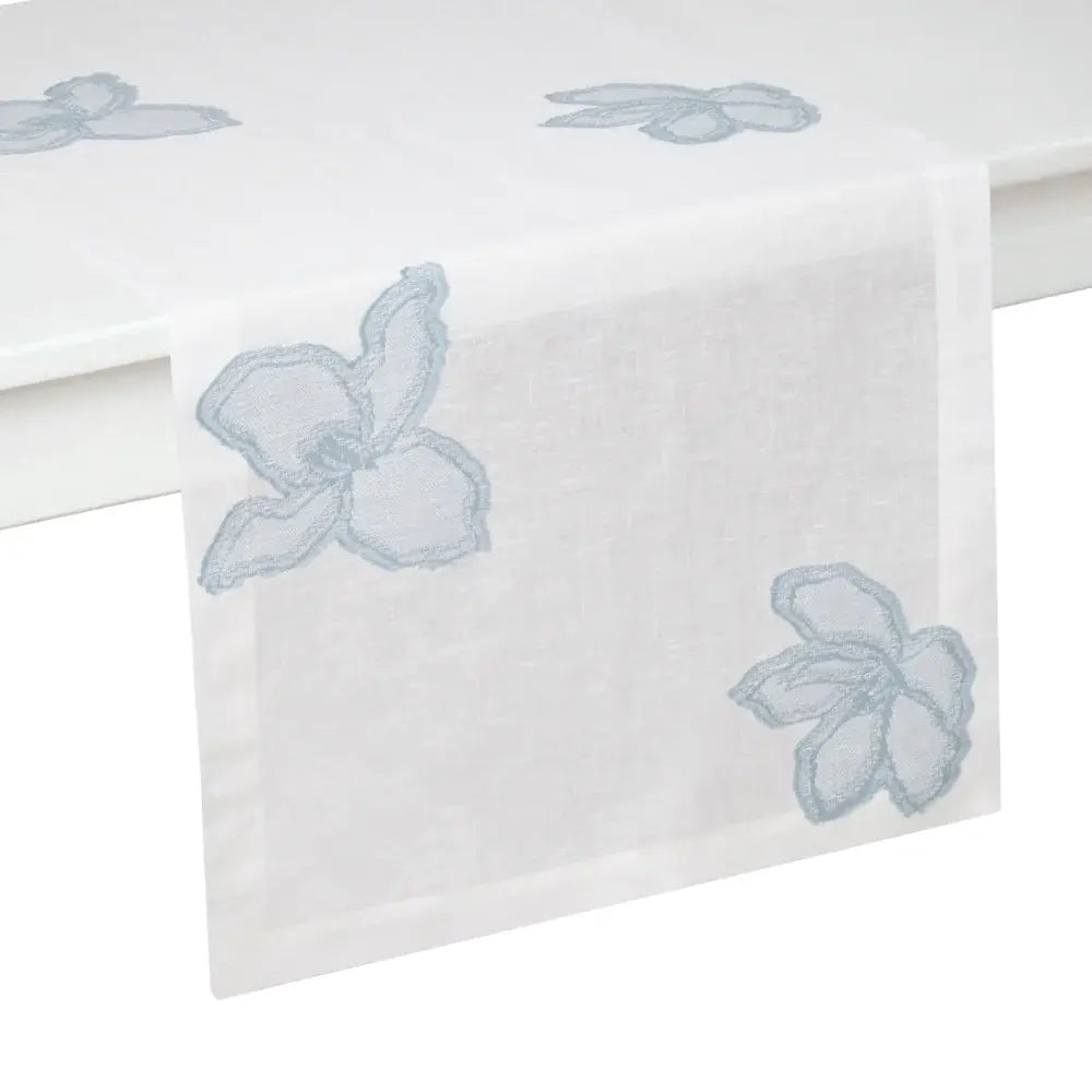 Linen Blend Table Runner | Light Blue + White Floral 16x108in