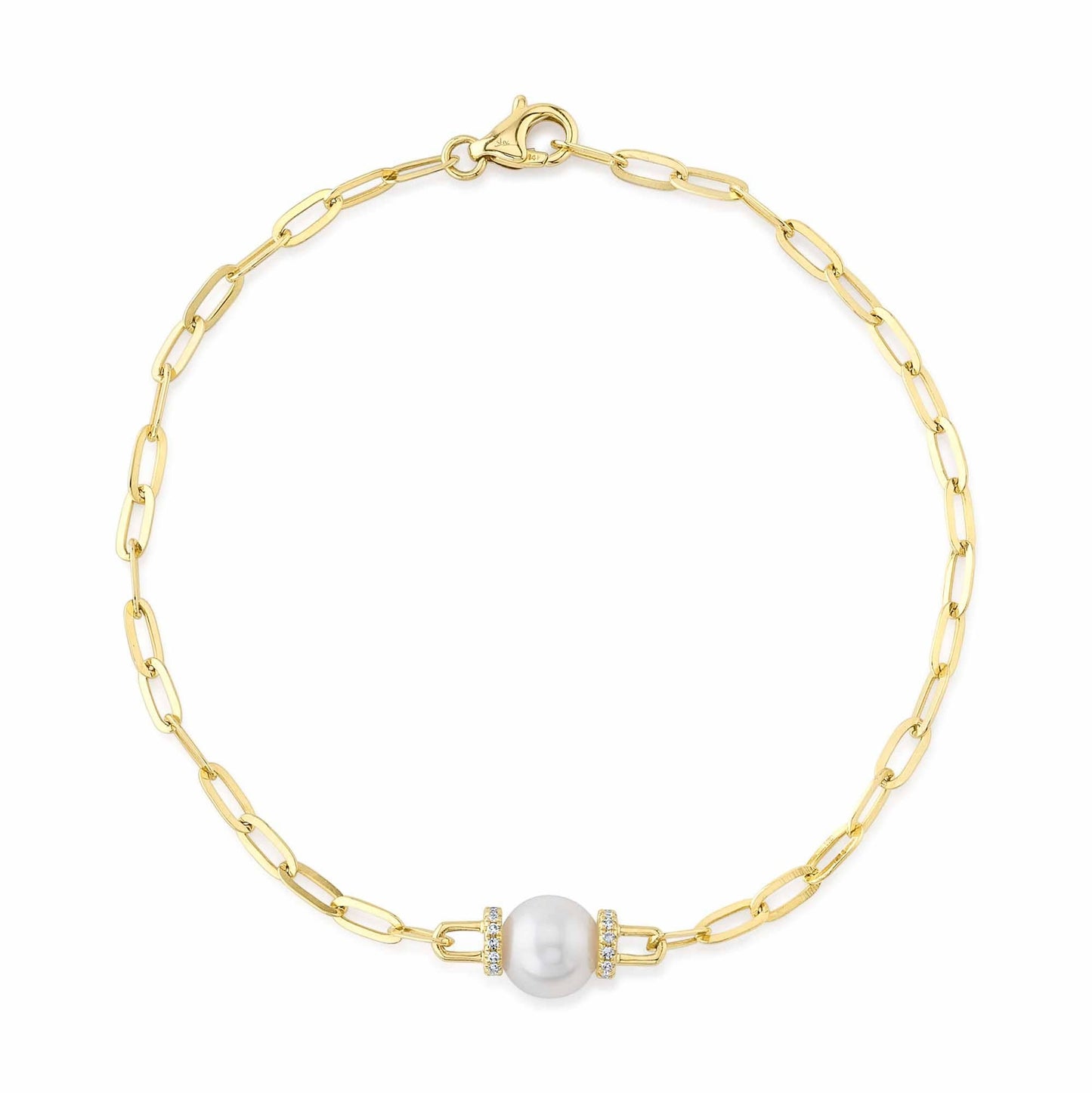 0.07Ct 14K YG Diamond Pearl Paper Clip Link Bracelet